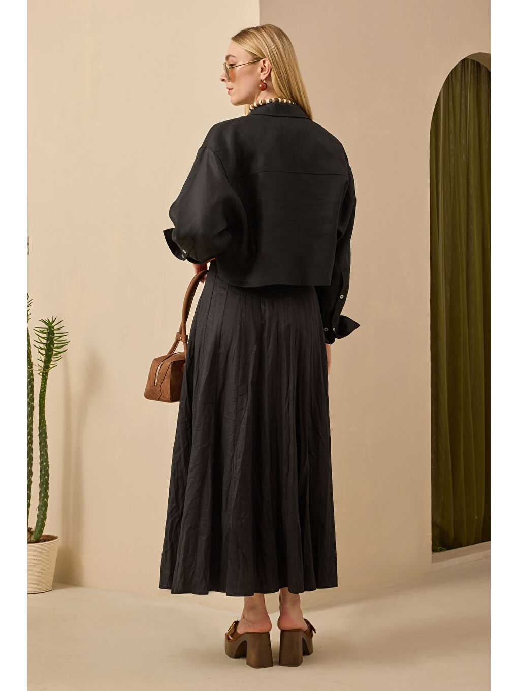 Parçalı Keten Etek Siyah-3