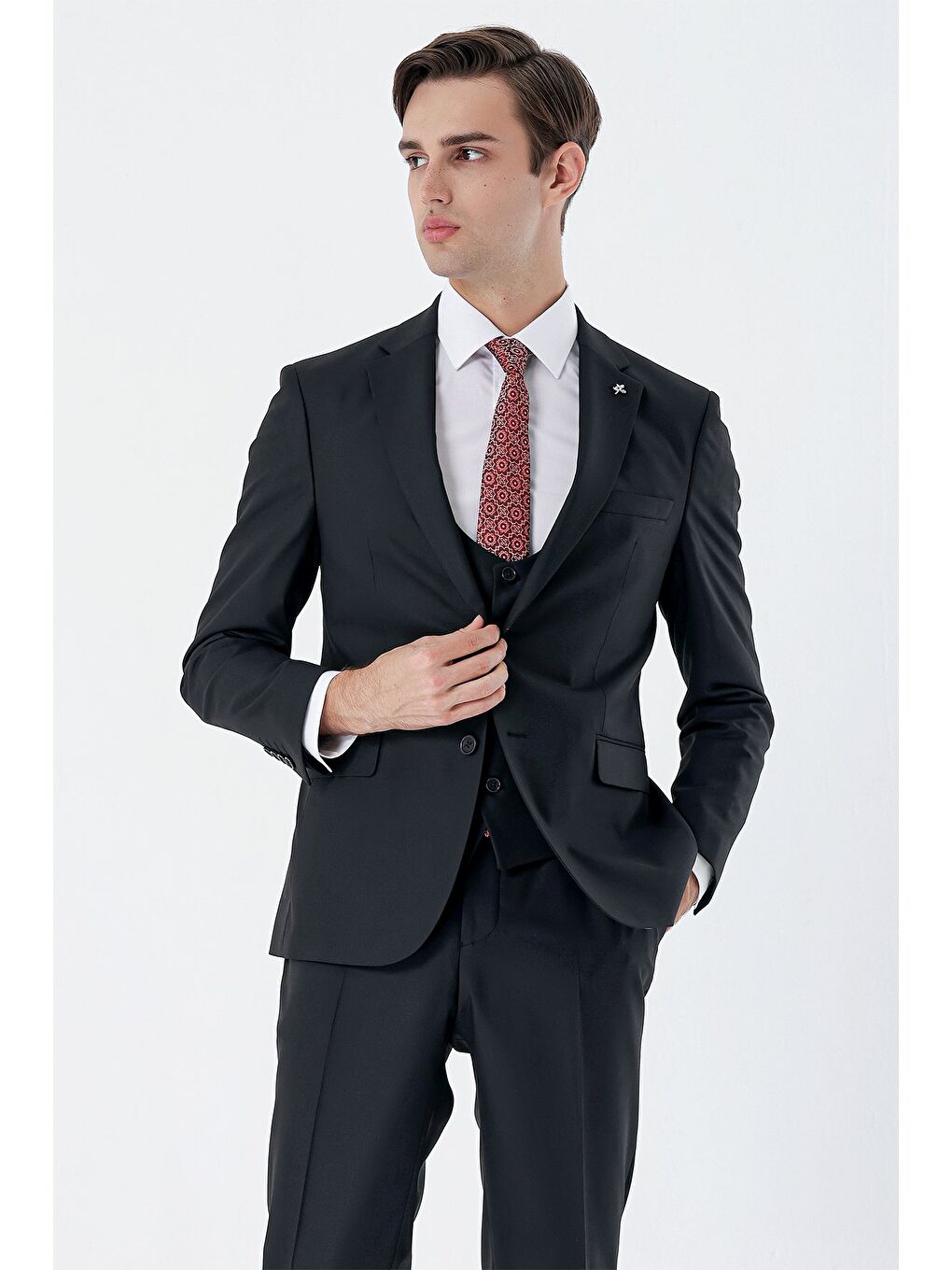 Siyah Mono Yaka Çift Yırtmaç Yelekli 6 Drop Slim Fit Dar Kesim Basic Takım Elbise 1001240186