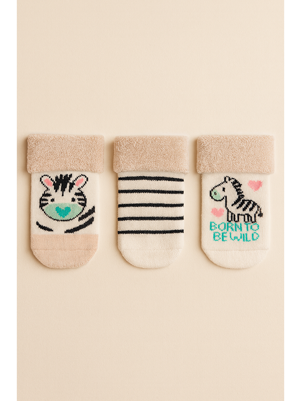 Ekru Bebek 3'Lü Zebra Desenli Havlu Soket Çorap
