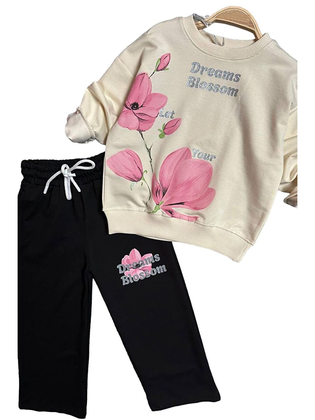 Ekru Kız Çocuk Digital Lale Baskılı Kazak Yazı Detaylı Alt Eşofman Takım-1