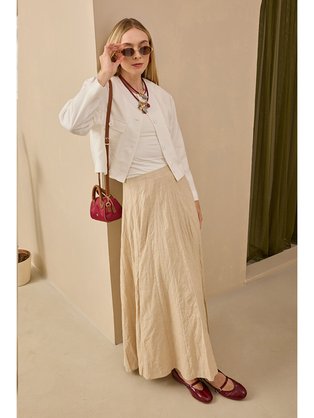 Bej Parçalı Keten Etek Sedef-1