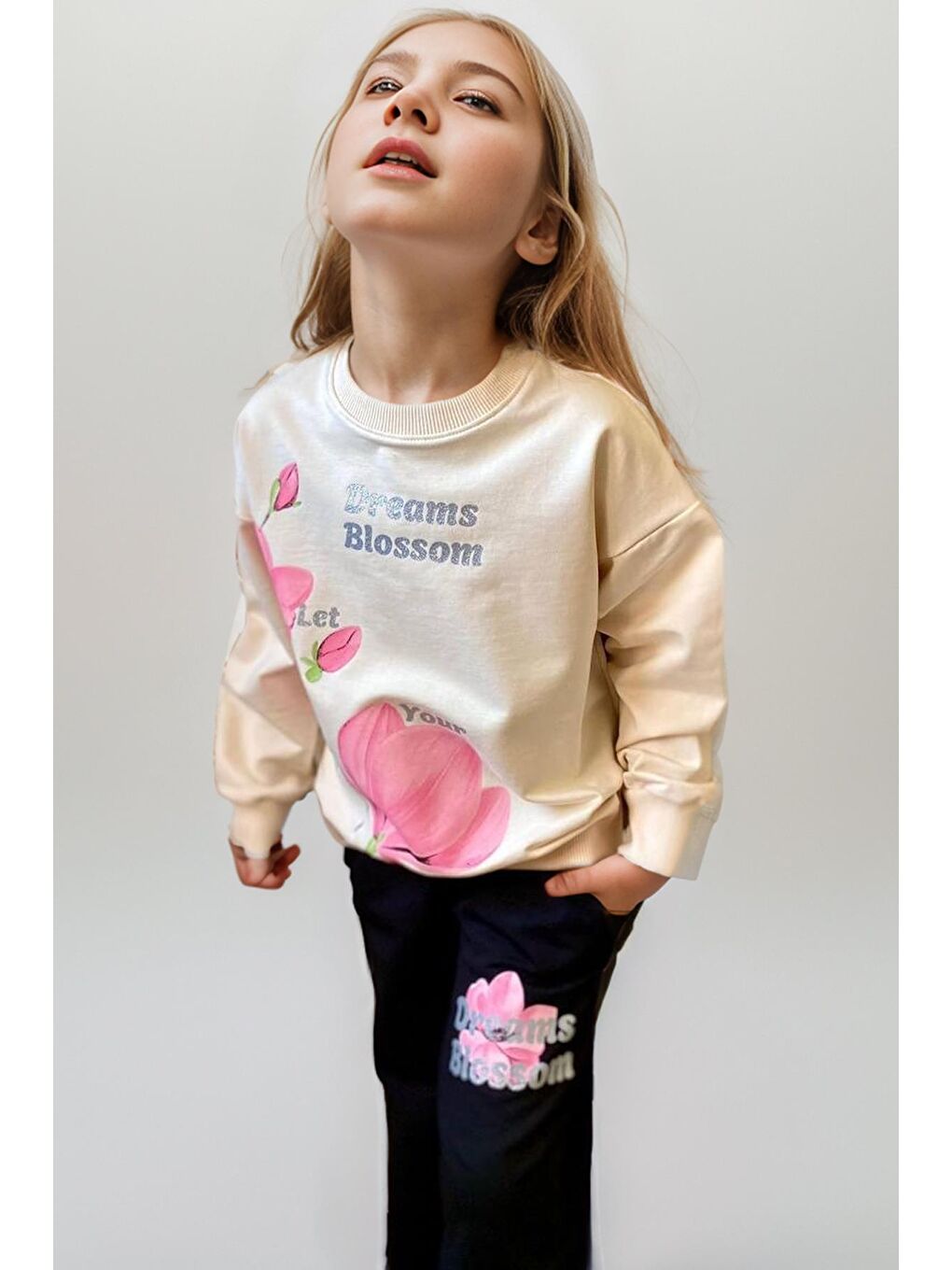 Ekru Kız Çocuk Digital Lale Baskılı Kazak Yazı Detaylı Alt Eşofman Takım-2