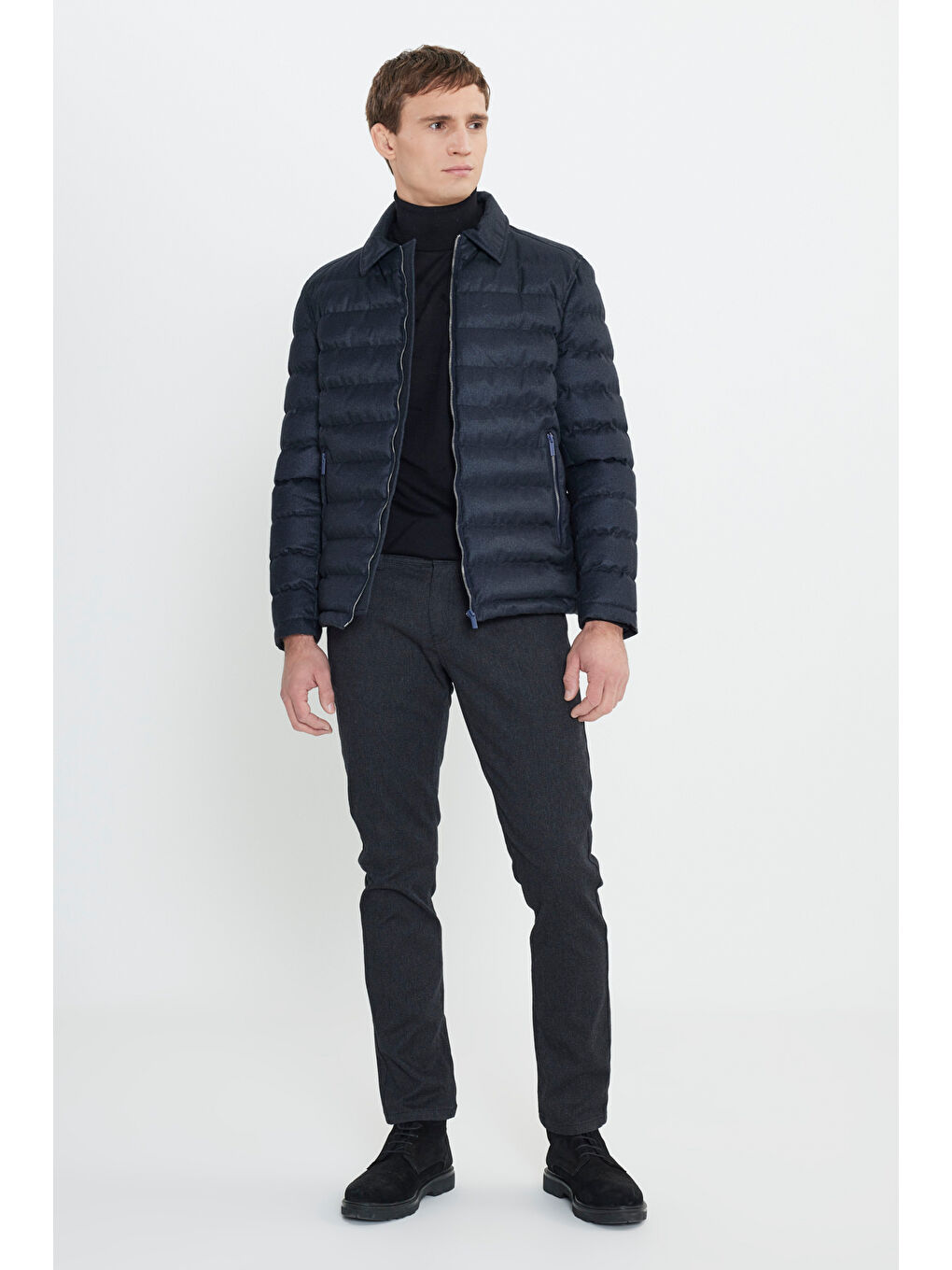 Erkek Lacivert Standart Fit Normal Kesim Gömlek Yaka Fermuarlı Yan Cepli Kapitone Desenli Şişme Mont-1