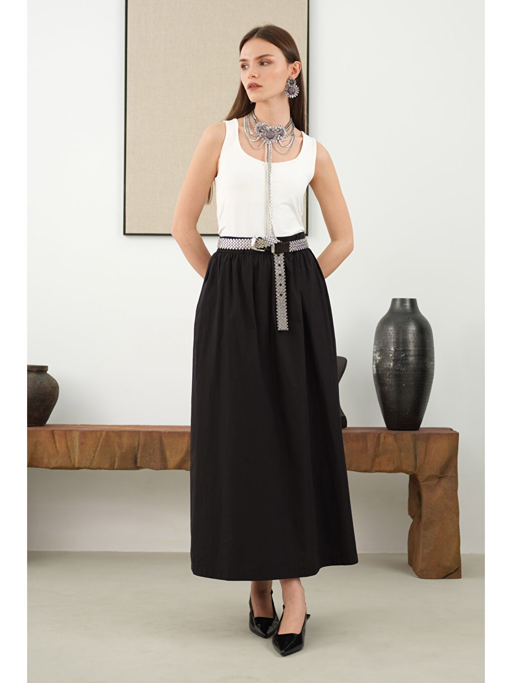 Büzgülü Pamuk Etek Siyah-2