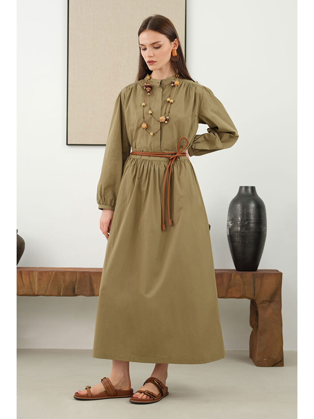 Yeşil Büzgülü Pamuk Etek Açık Kil