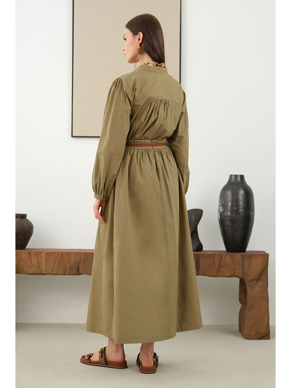 Yeşil Büzgülü Pamuk Etek Açık Kil-2