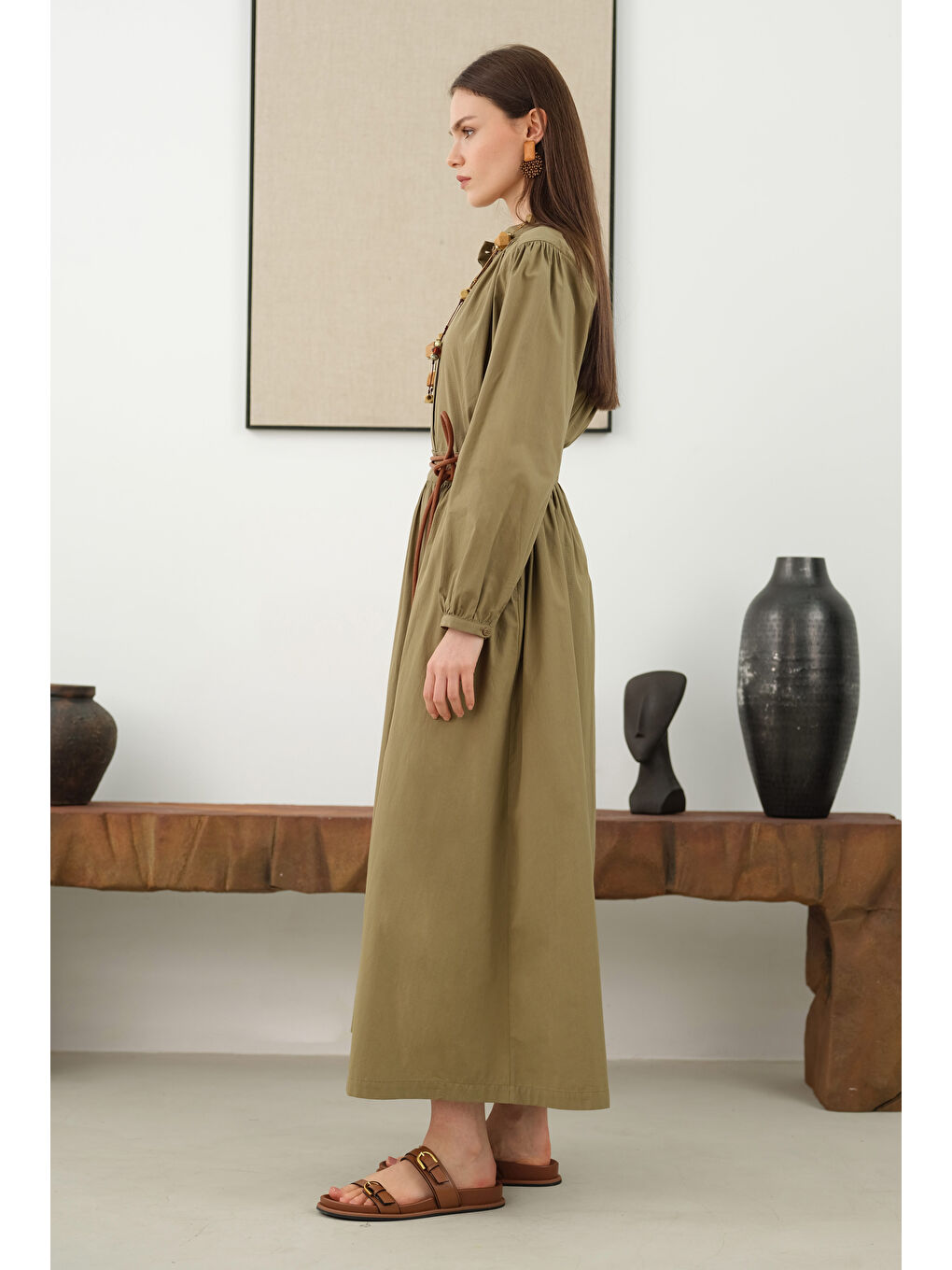 Yeşil Büzgülü Pamuk Etek Açık Kil-3