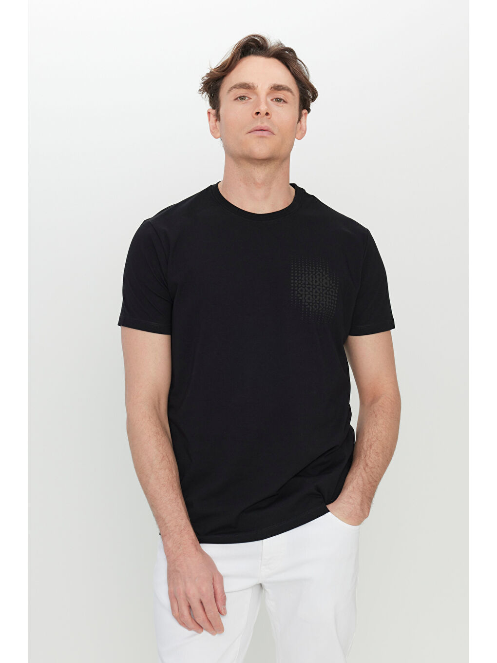 Erkek Siyah Pamuklu Slim Fit Dar Kesim Baskılı Esnek Tişört-2