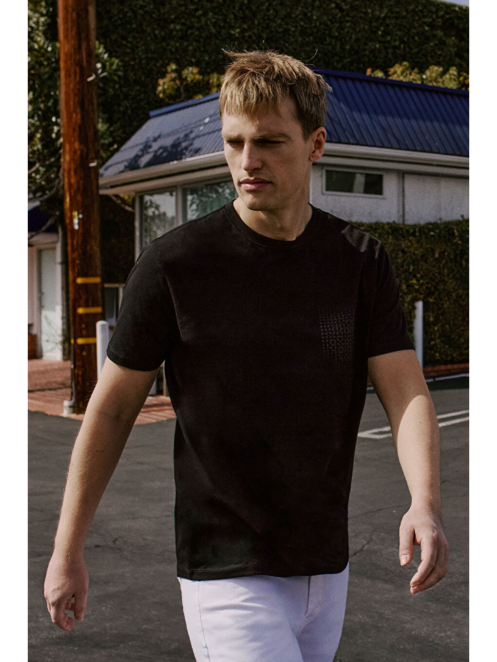 Erkek Siyah Pamuklu Slim Fit Dar Kesim Baskılı Esnek Tişört-5