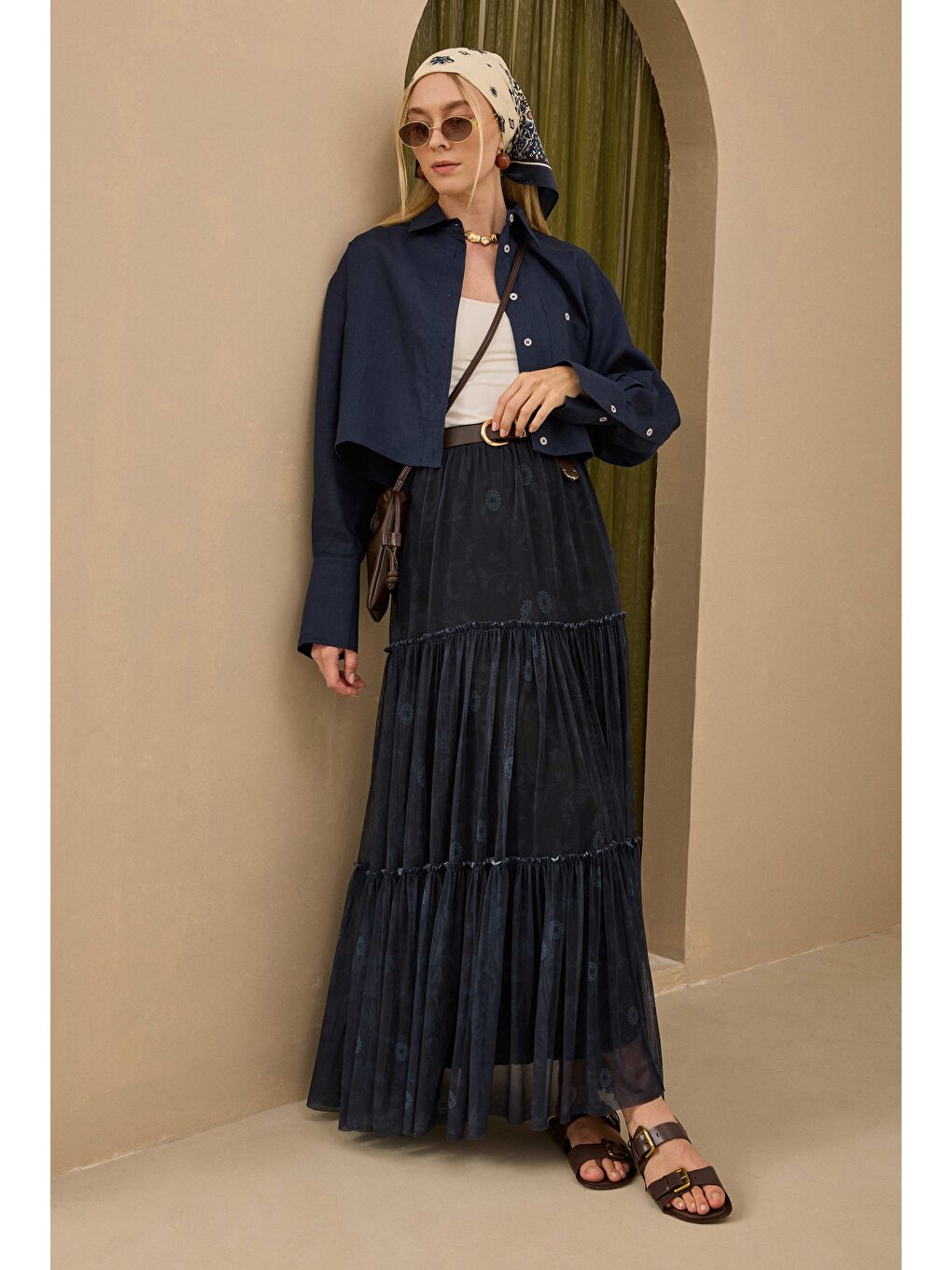 Lacivert Katlı Tül Etek Kasımpatı Desen