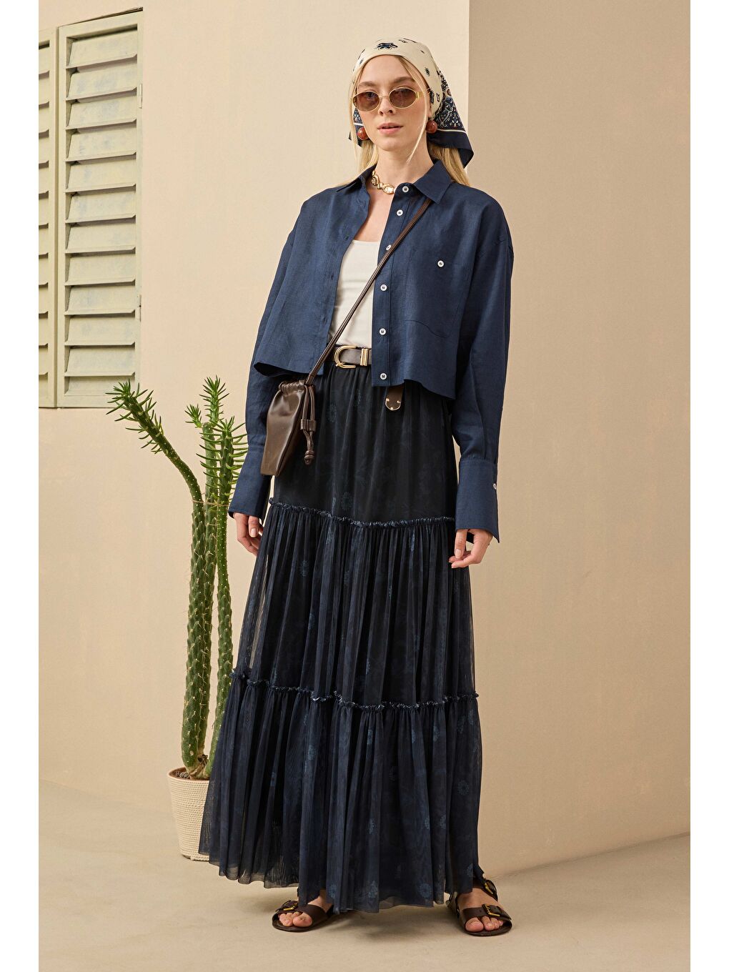 Lacivert Katlı Tül Etek Kasımpatı Desen-1