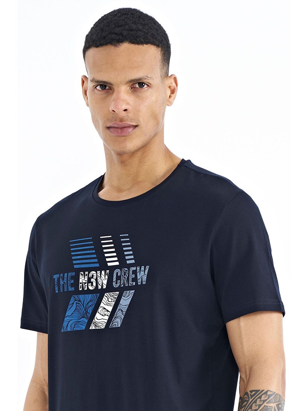 Lacivert Baskı Detaylı O Yaka Standart Kalıp Erkek Tişört - 88175-3