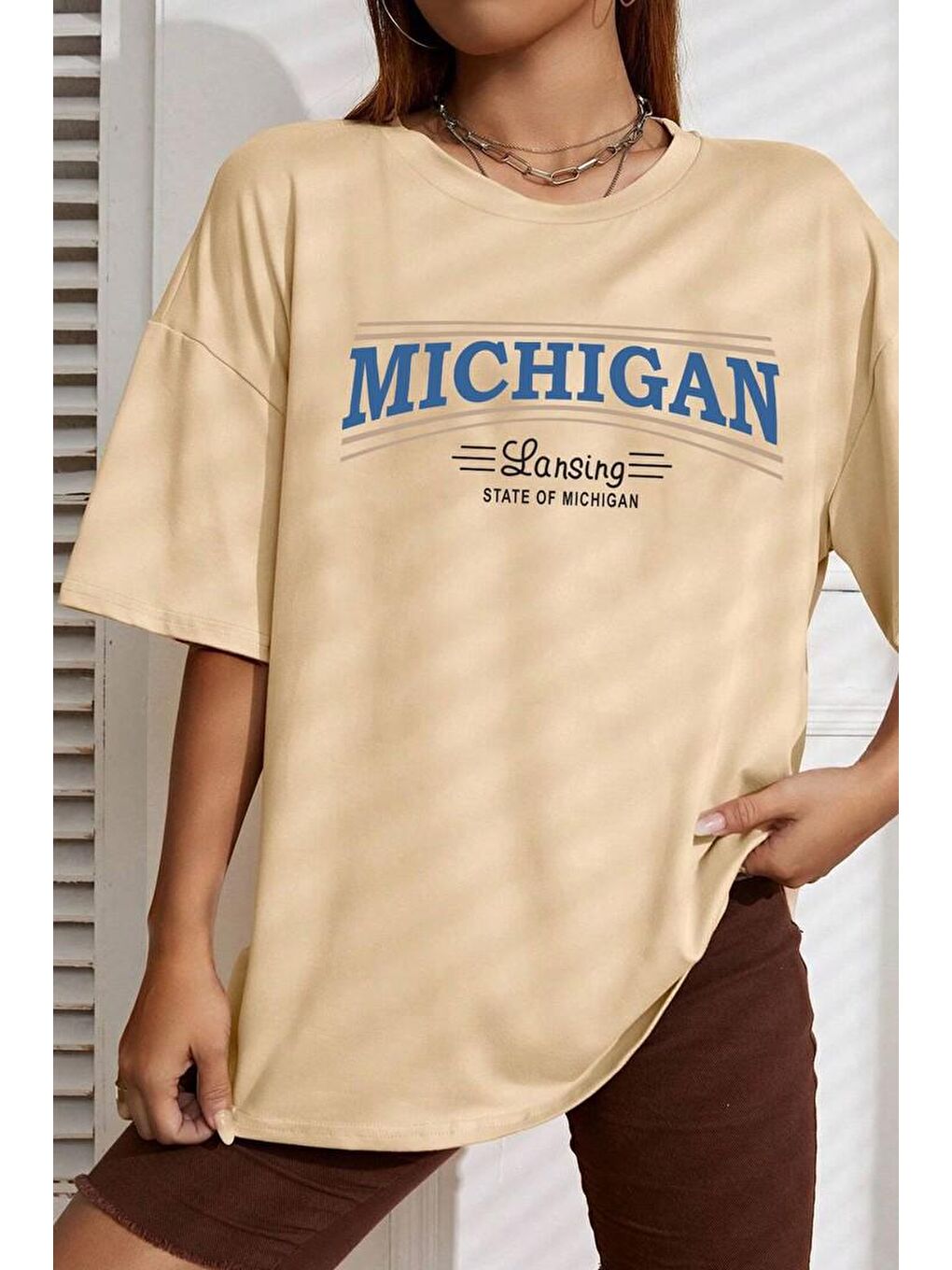 uyguntarz Bej Unisex State Of Michigan Baskılı T-shirt