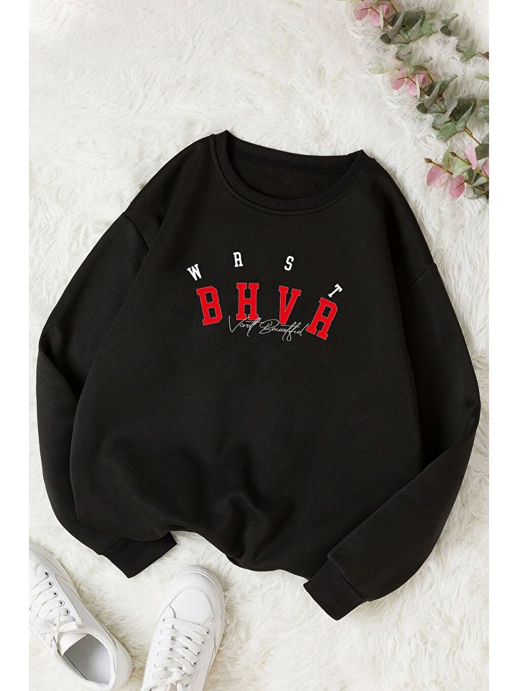 Siyah Unisex Bhvr Baskılı Bisiklet Yaka %100 Pamuk Sweatshirt