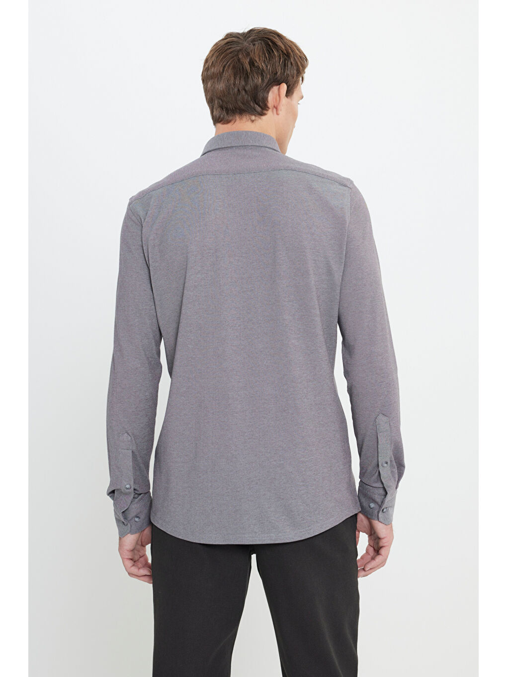 Erkek Gri Pamuklu Örme Slim Fit Dar Kesim Düğmeli Yaka Gömlek-5