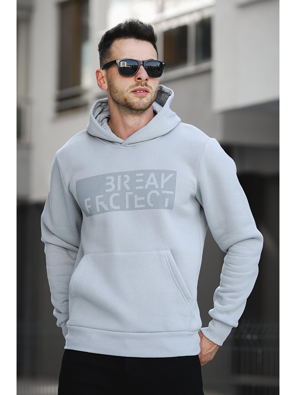 Gri Break Üç İplik Şardonlu Baskılı Kapüşonlu Erkek Sweatshirt