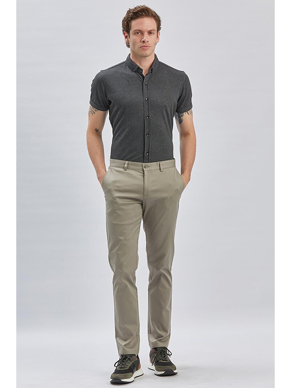 Koyu Bej Pamuklu Yandan Cepli Casual Slim Fit Chino Pantolon 1003240161-1