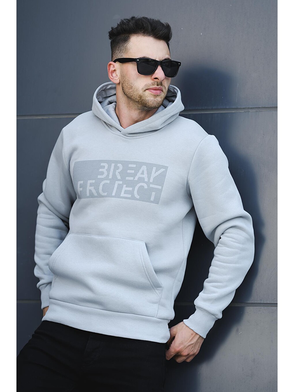 Gri Break Üç İplik Şardonlu Baskılı Kapüşonlu Erkek Sweatshirt-1