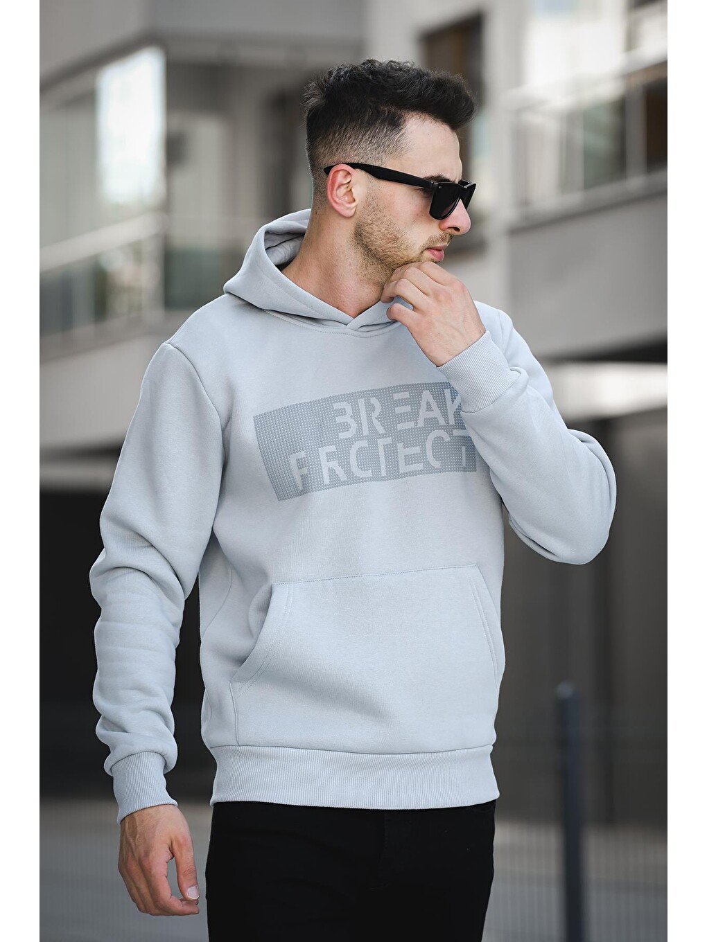 Gri Break Üç İplik Şardonlu Baskılı Kapüşonlu Erkek Sweatshirt-2