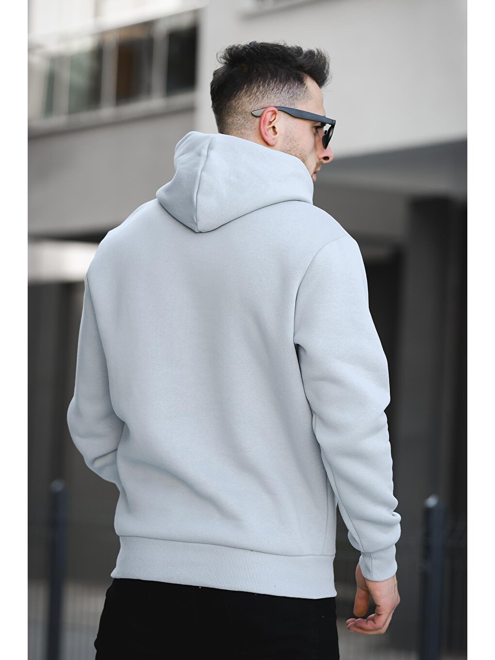 Gri Break Üç İplik Şardonlu Baskılı Kapüşonlu Erkek Sweatshirt-3
