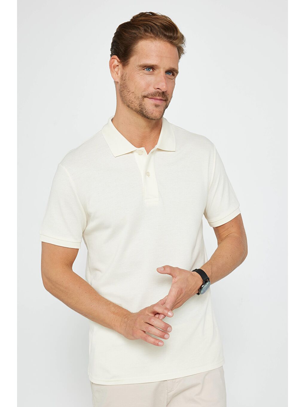 Erkek Slim Fit Dar Kesim %100 Pamuk Düz Pike Ekru Polo Yaka Tişört