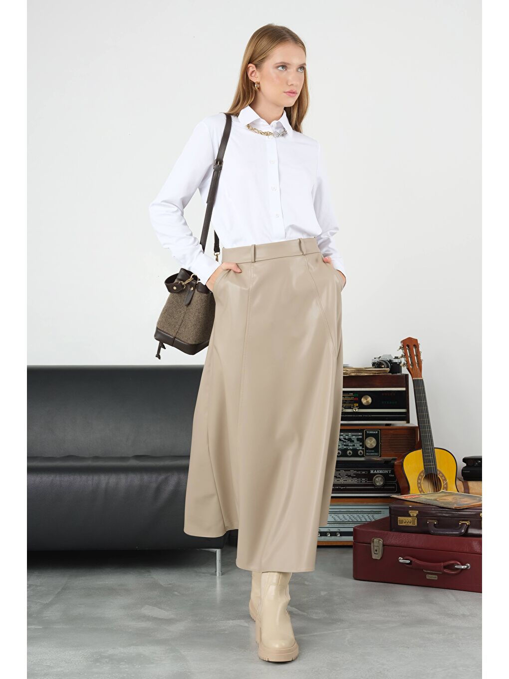 Kahverengi Parçalı Deri Etek Açık Vizon-1