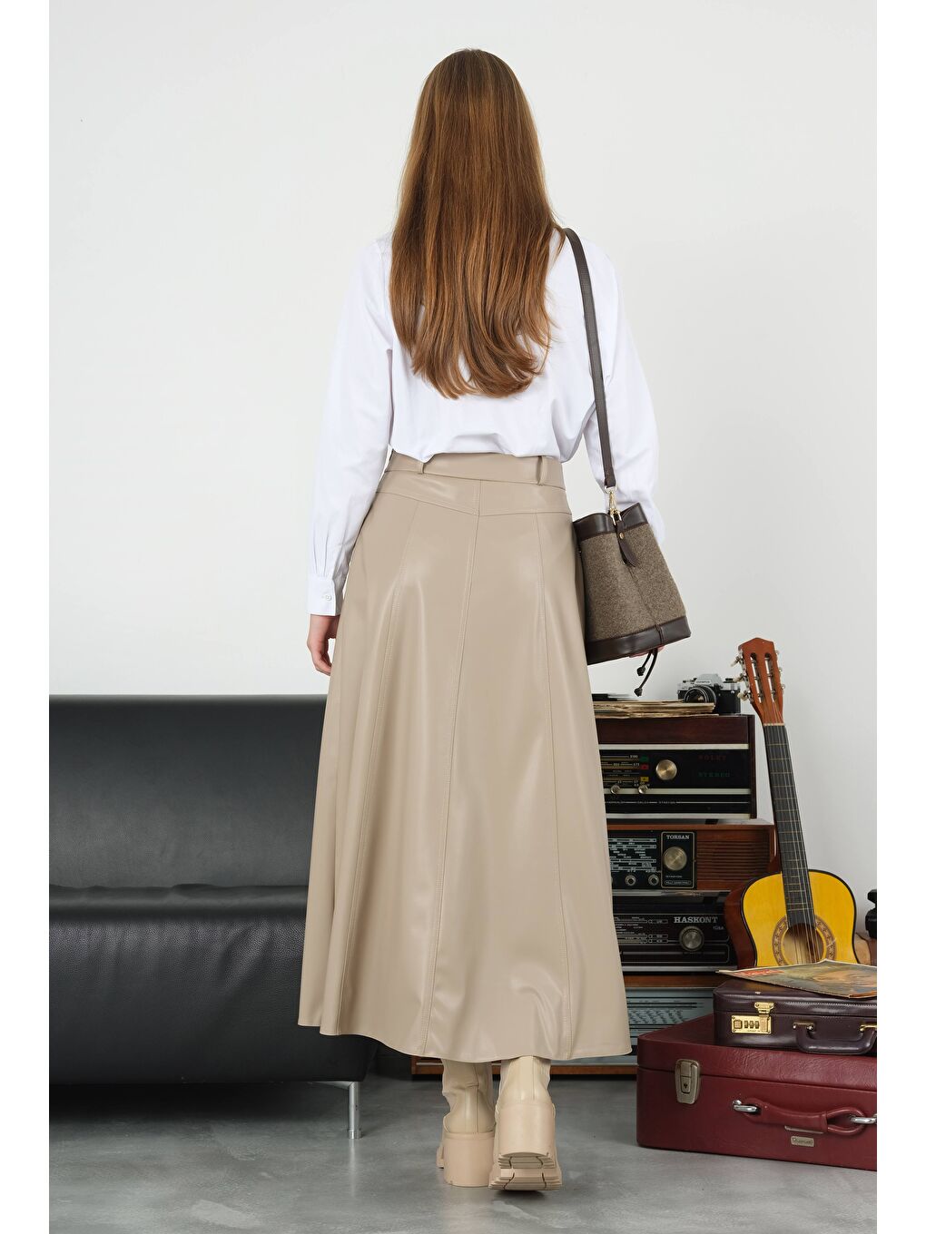 Kahverengi Parçalı Deri Etek Açık Vizon-2