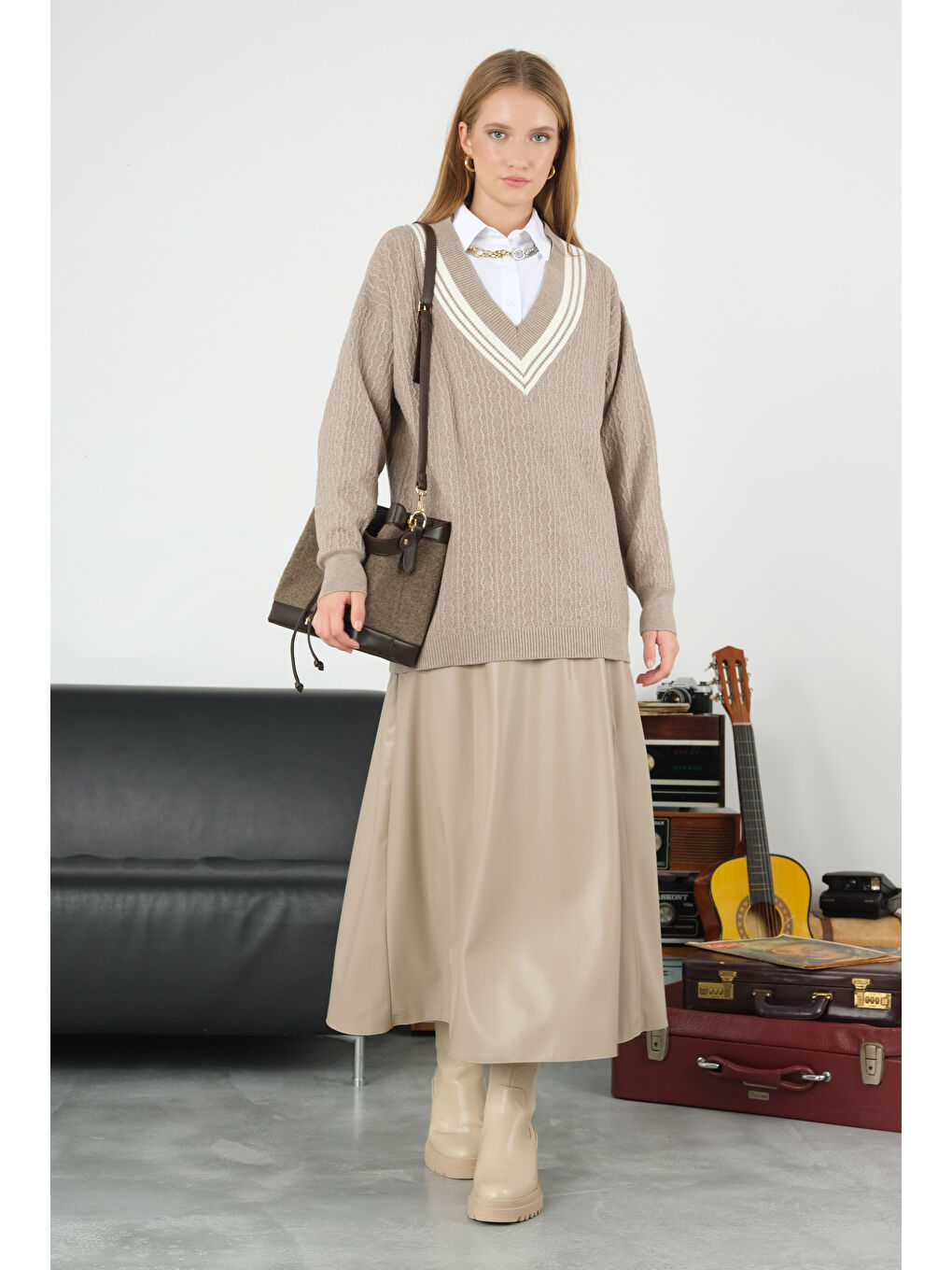 Kahverengi Parçalı Deri Etek Açık Vizon-4