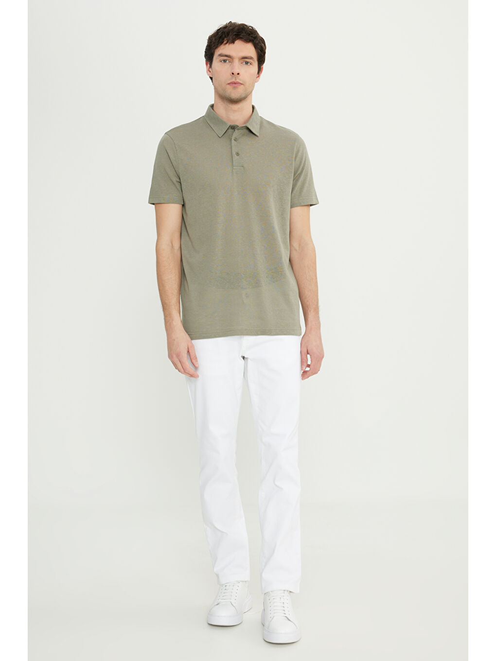 Erkek Haki Pamuklu Slim Fit Dar Kesim Polo Yaka Tişört-1