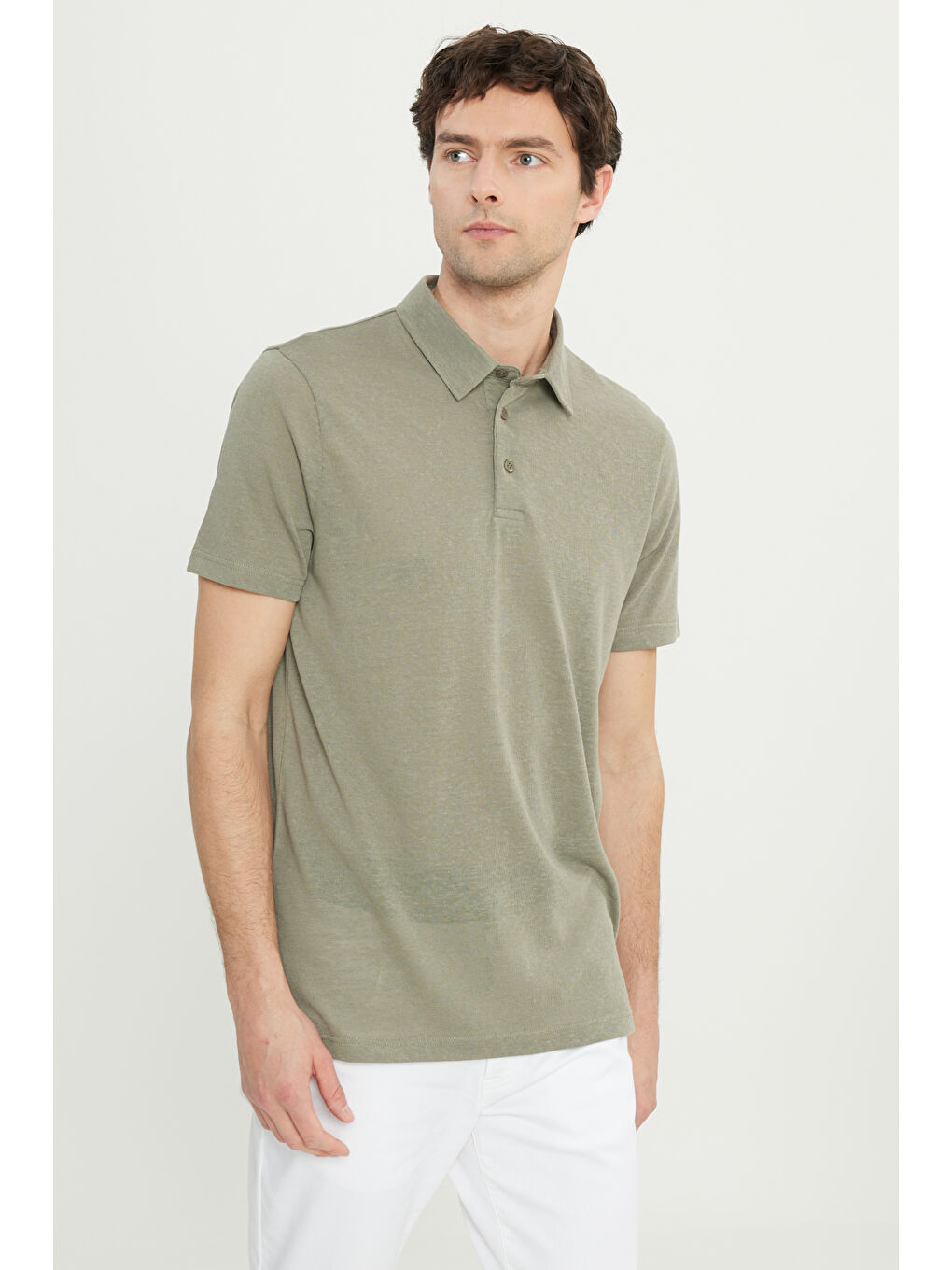 Erkek Haki Pamuklu Slim Fit Dar Kesim Polo Yaka Tişört-2