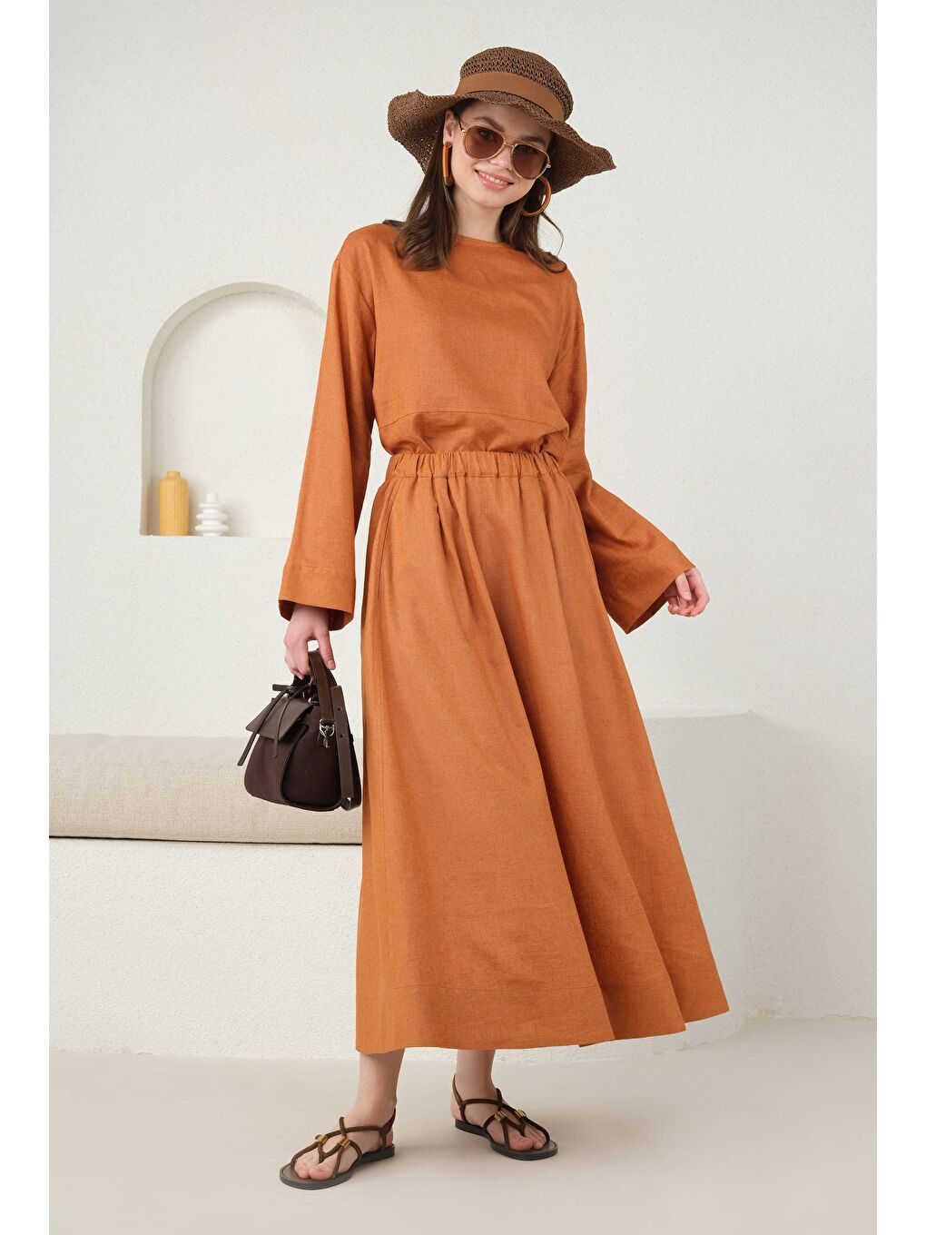 Turuncu Cep Detaylı Keten Etek Papaya-1