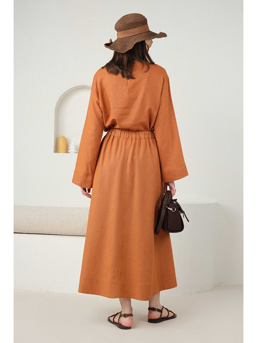 Turuncu Cep Detaylı Keten Etek Papaya-2