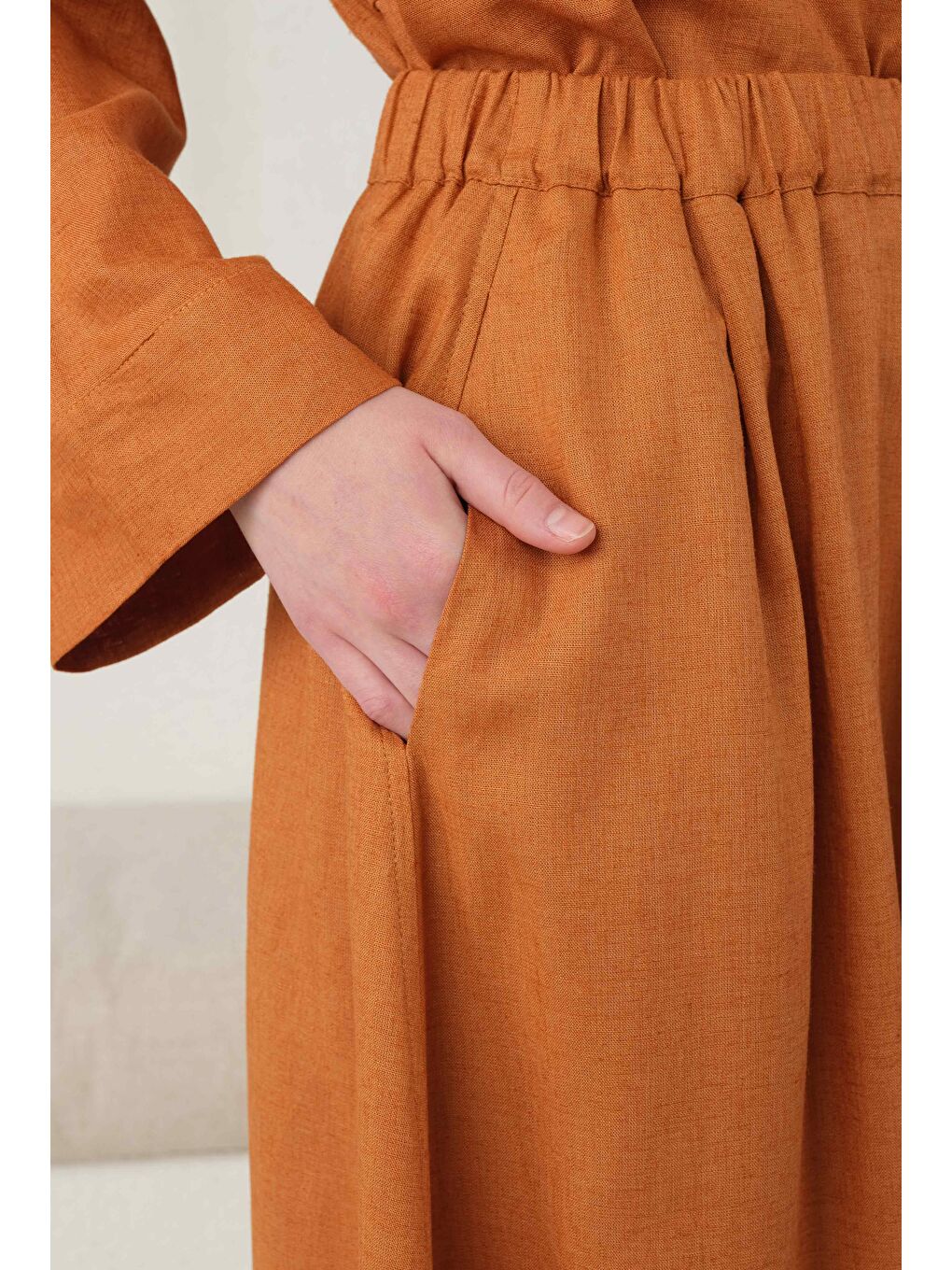 Turuncu Cep Detaylı Keten Etek Papaya-3