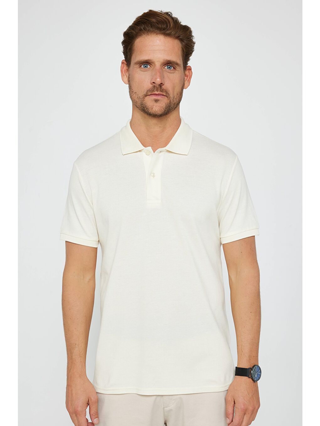Erkek Slim Fit Dar Kesim %100 Pamuk Düz Pike Ekru Polo Yaka Tişört-1