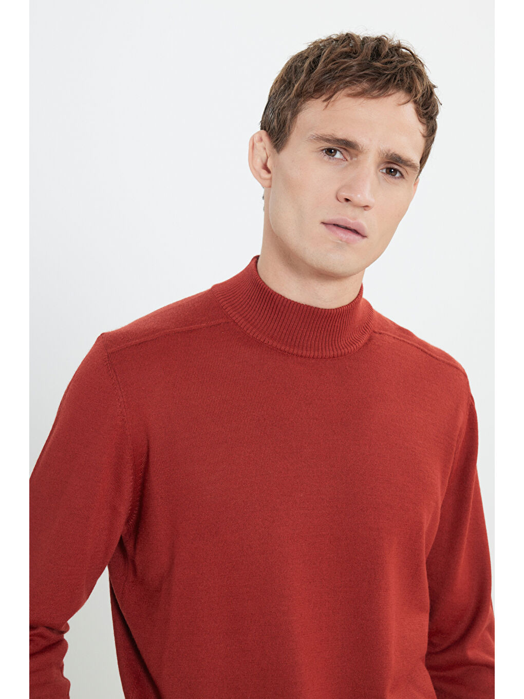 Kahverengi Erkek Kiremit Yünlü Sıcak Tutan Standart Fit Normal Kesim Yarım Balıkçı Yaka Triko Kazak-3