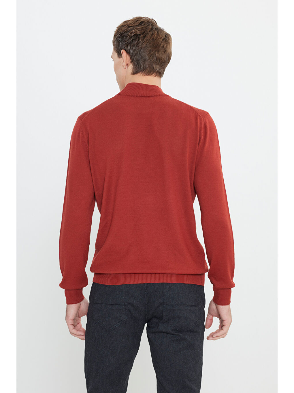 Kahverengi Erkek Kiremit Yünlü Sıcak Tutan Standart Fit Normal Kesim Yarım Balıkçı Yaka Triko Kazak-4