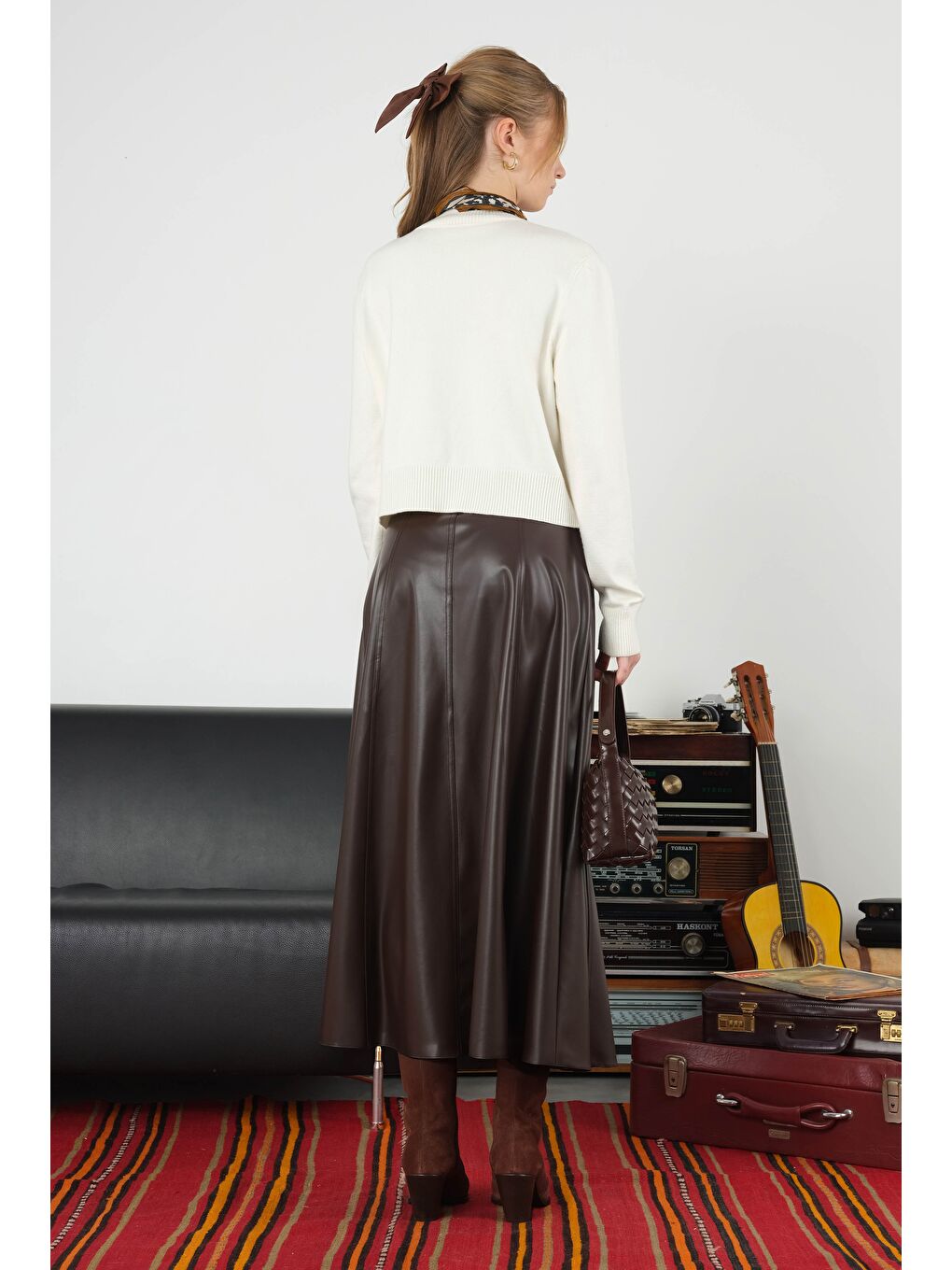 Kahverengi Parçalı Deri Etek Acı Kahve-2