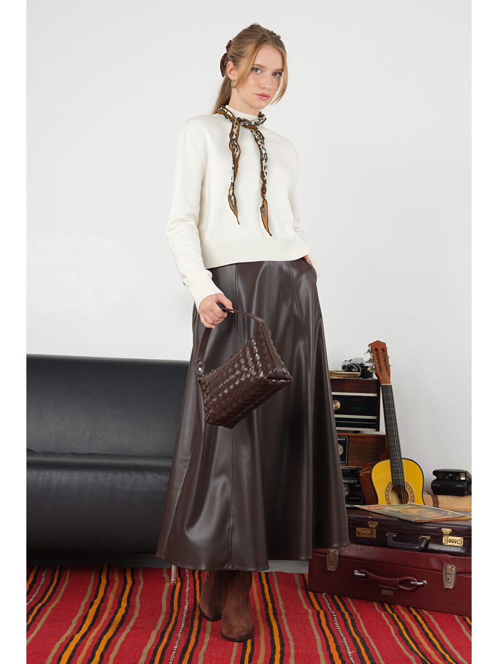 Kahverengi Parçalı Deri Etek Acı Kahve-3