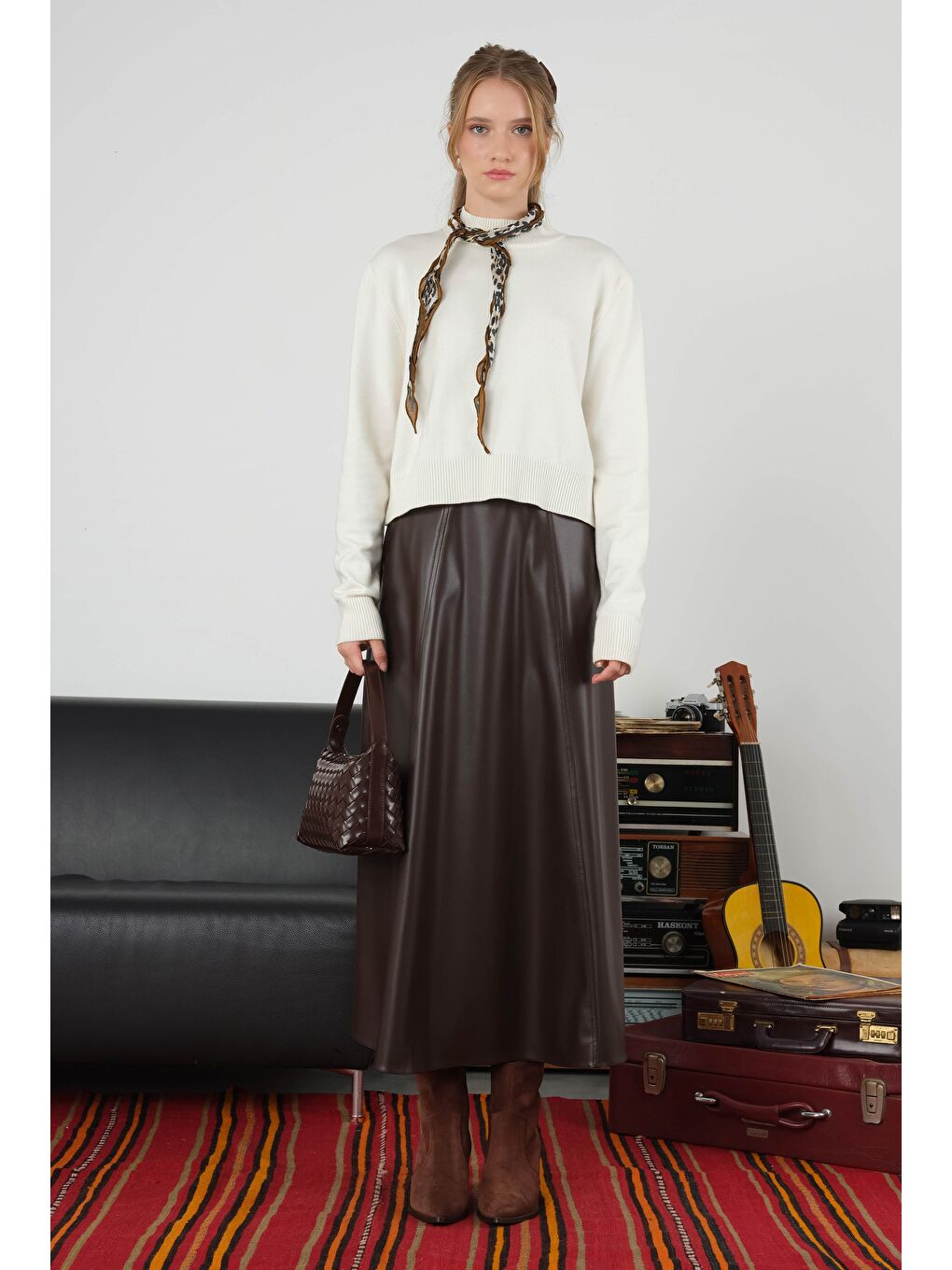 Kahverengi Parçalı Deri Etek Acı Kahve-4