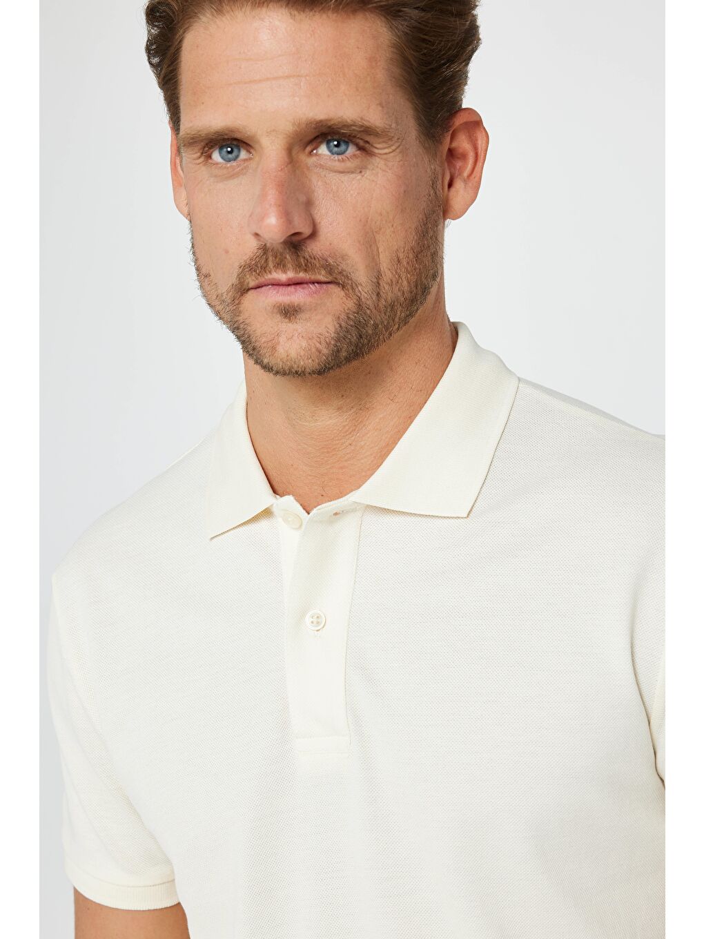 Erkek Slim Fit Dar Kesim %100 Pamuk Düz Pike Ekru Polo Yaka Tişört-2