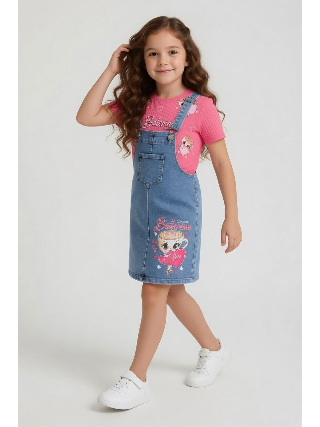 Pembe Kalpli Balerin Desenli Badili Jean Salopetli Kız Çocuk Takım 24085