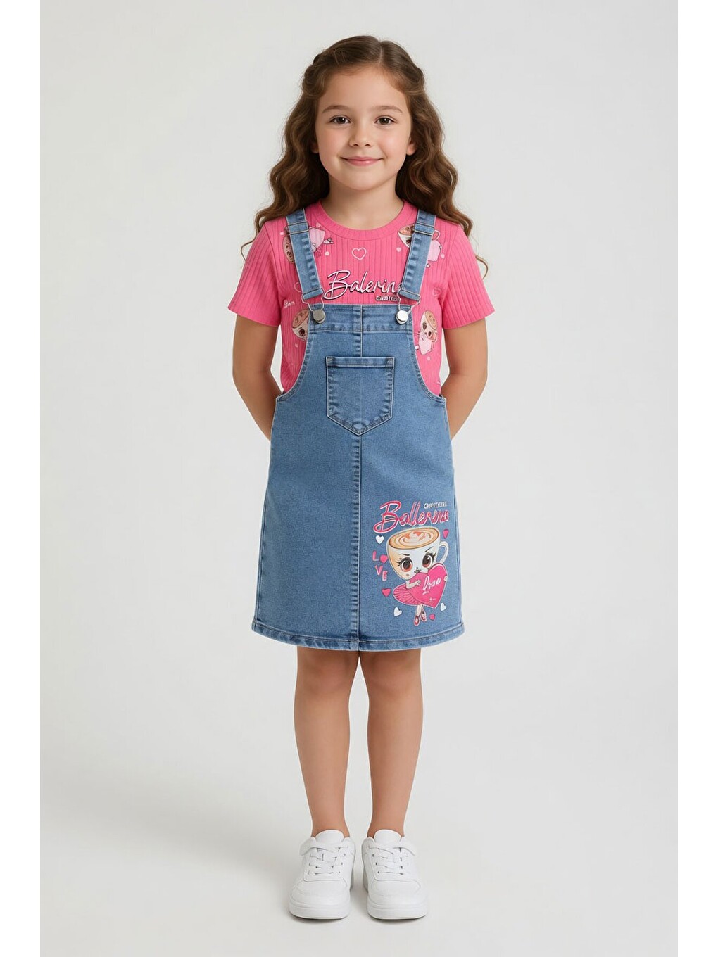 Pembe Kalpli Balerin Desenli Badili Jean Salopetli Kız Çocuk Takım 24085-1