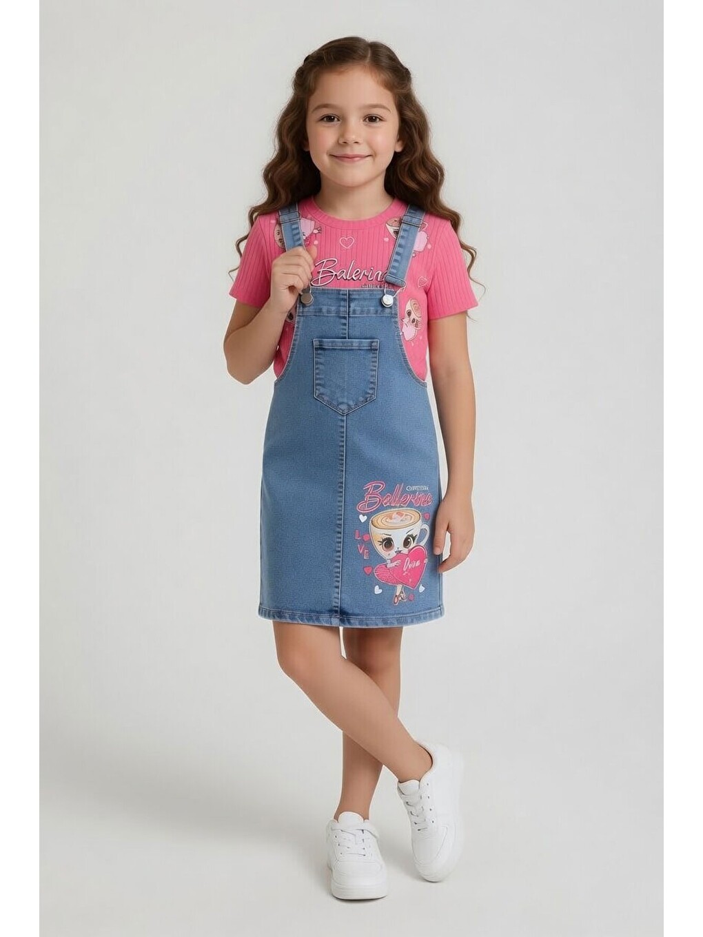 Pembe Kalpli Balerin Desenli Badili Jean Salopetli Kız Çocuk Takım 24085-2