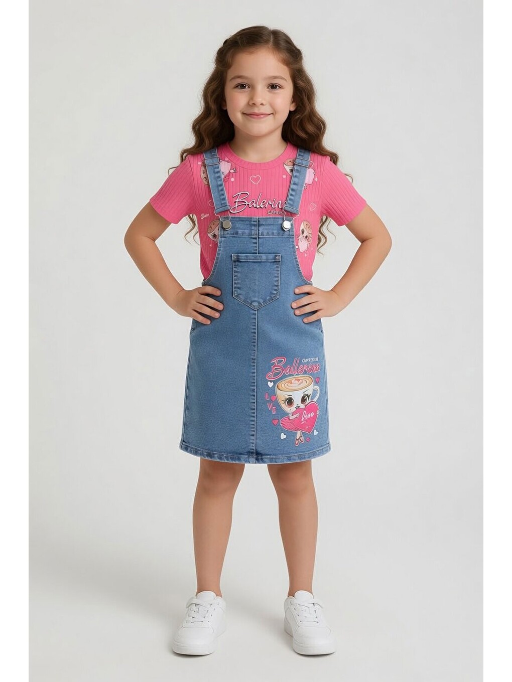 Pembe Kalpli Balerin Desenli Badili Jean Salopetli Kız Çocuk Takım 24085-3