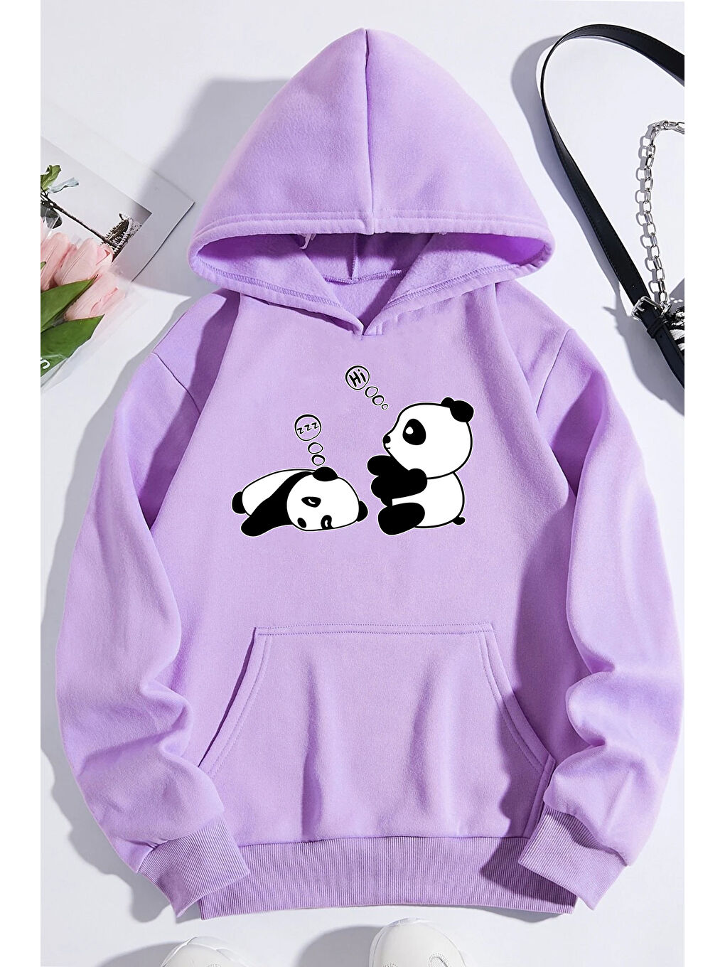 uyguntarz Lila Unisex Panda Baskılı Oversize Hoodie