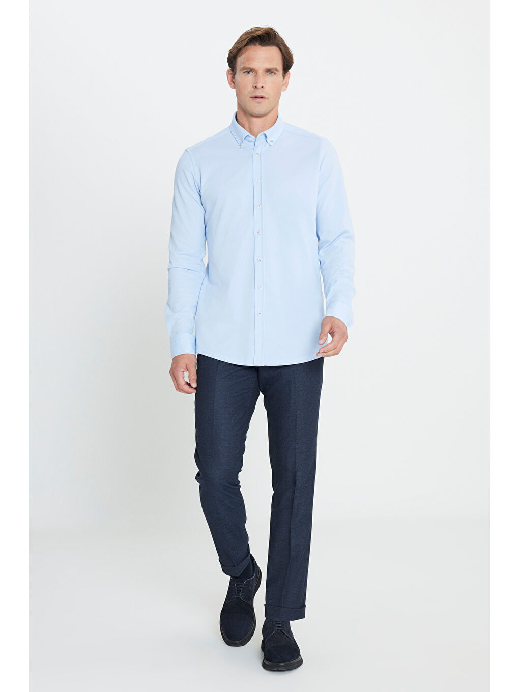 Erkek Açık Mavi Pamuklu Örme Slim Fit Dar Kesim Düğmeli Yaka Gömlek-1