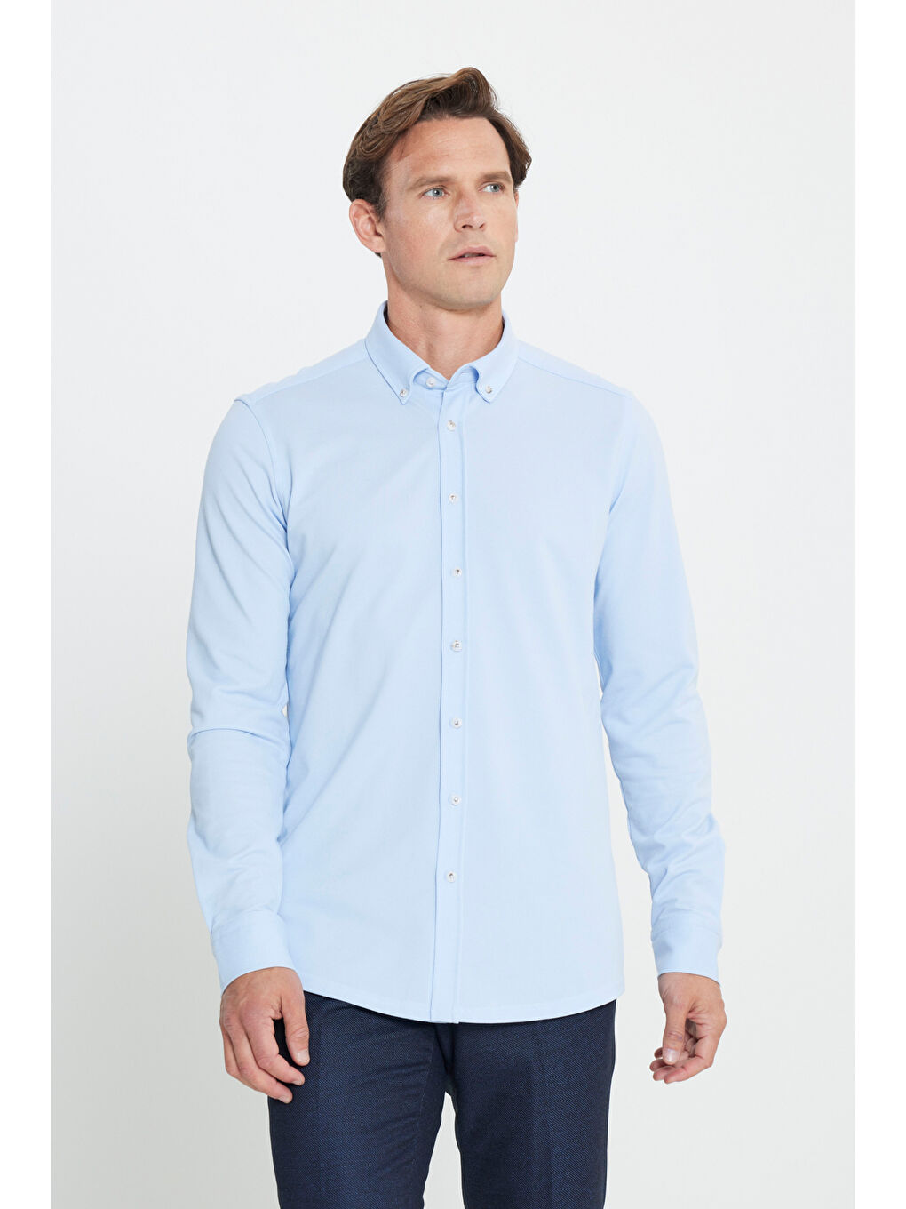 Erkek Açık Mavi Pamuklu Örme Slim Fit Dar Kesim Düğmeli Yaka Gömlek-2