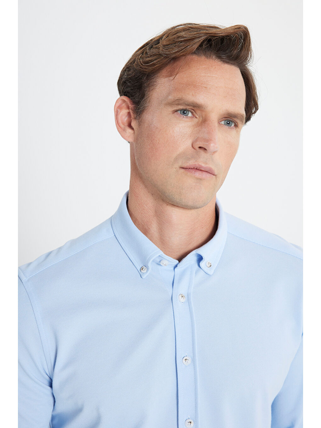 Erkek Açık Mavi Pamuklu Örme Slim Fit Dar Kesim Düğmeli Yaka Gömlek-3
