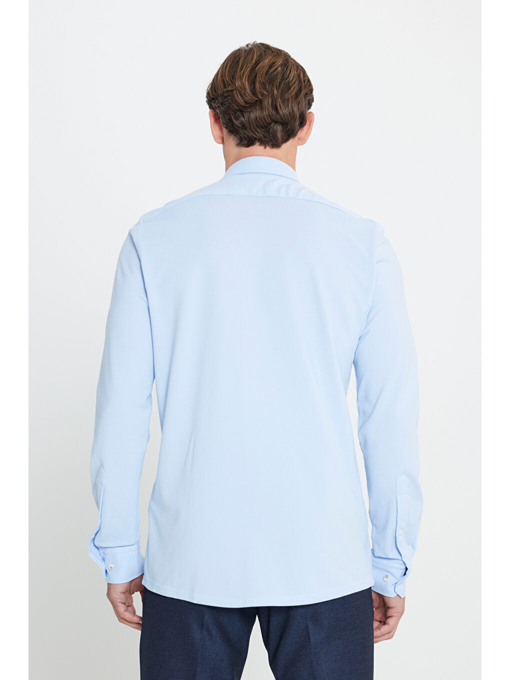 Erkek Açık Mavi Pamuklu Örme Slim Fit Dar Kesim Düğmeli Yaka Gömlek-4