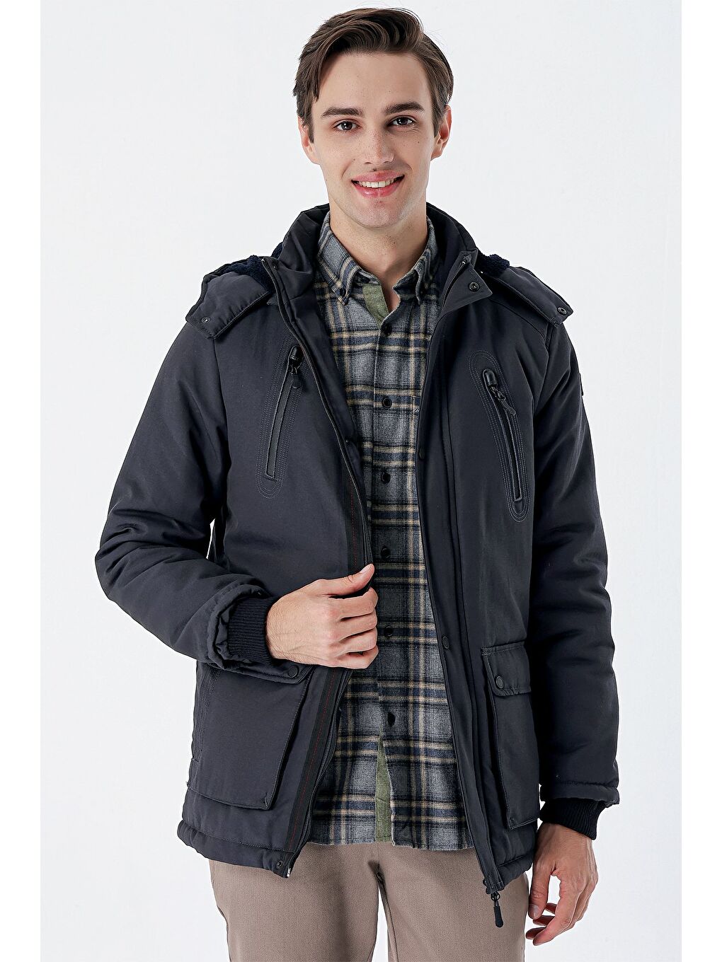 Koyu Antrasit Kapüşonlu Pamuklu Astarlı Comfort Fit Rahat Kesim Casual Kaban 1008235169